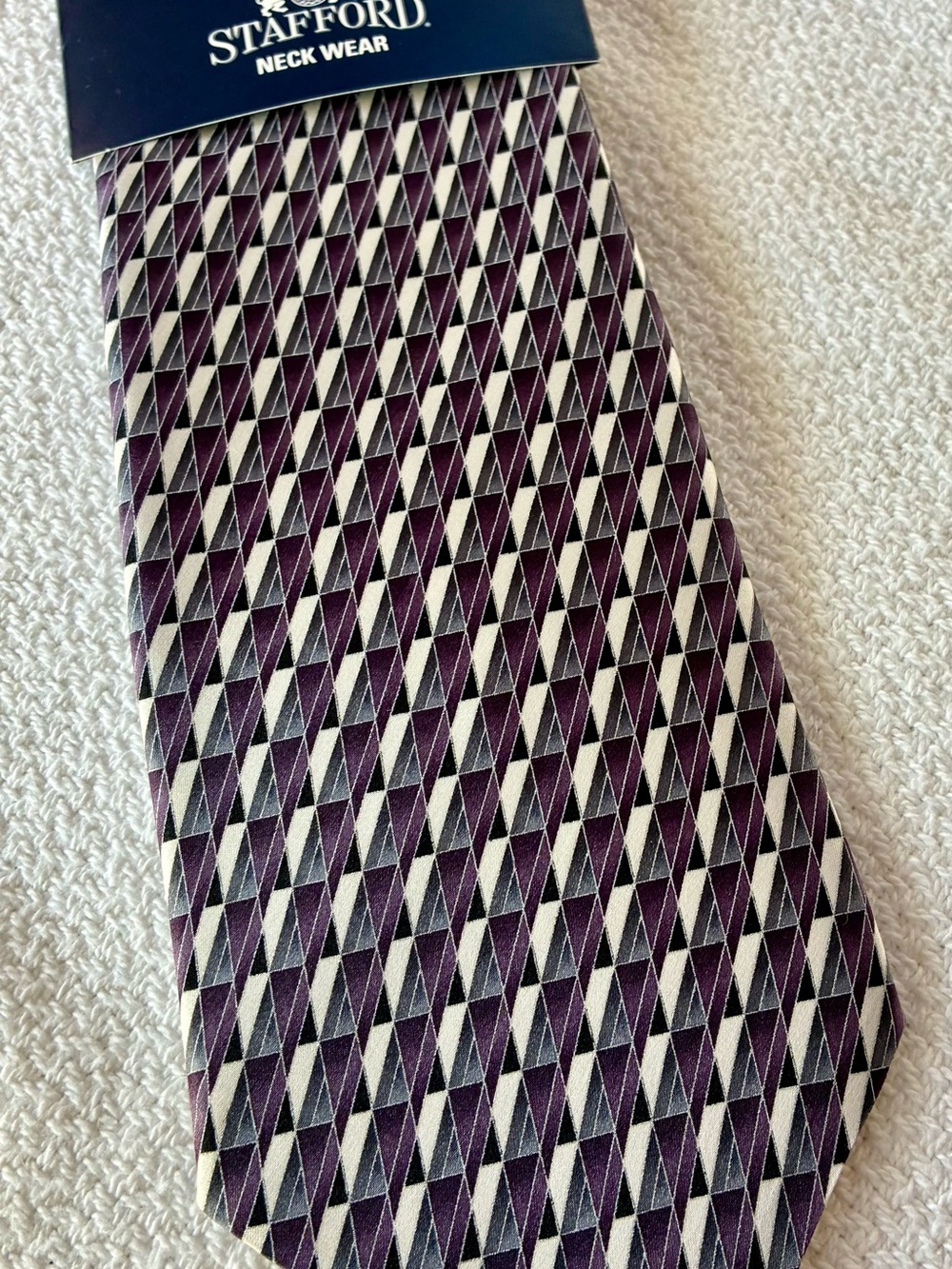 Stafford Purple, White and Gray Geometric 100% Imported Silk Men's Tie NWT